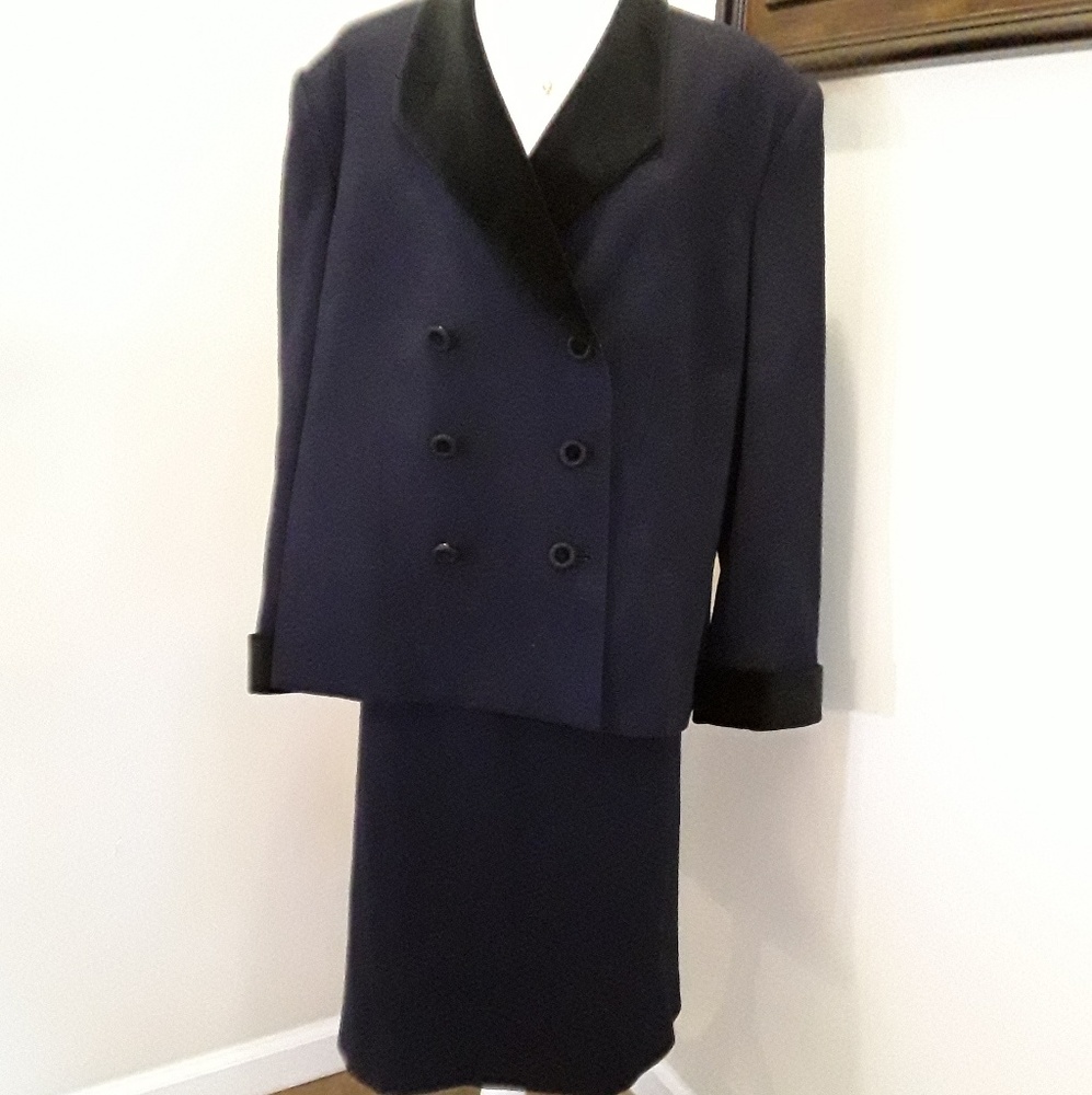 KASPER ASL 2pc navy 100% wool skirt & jacket w/velvet trim size 22